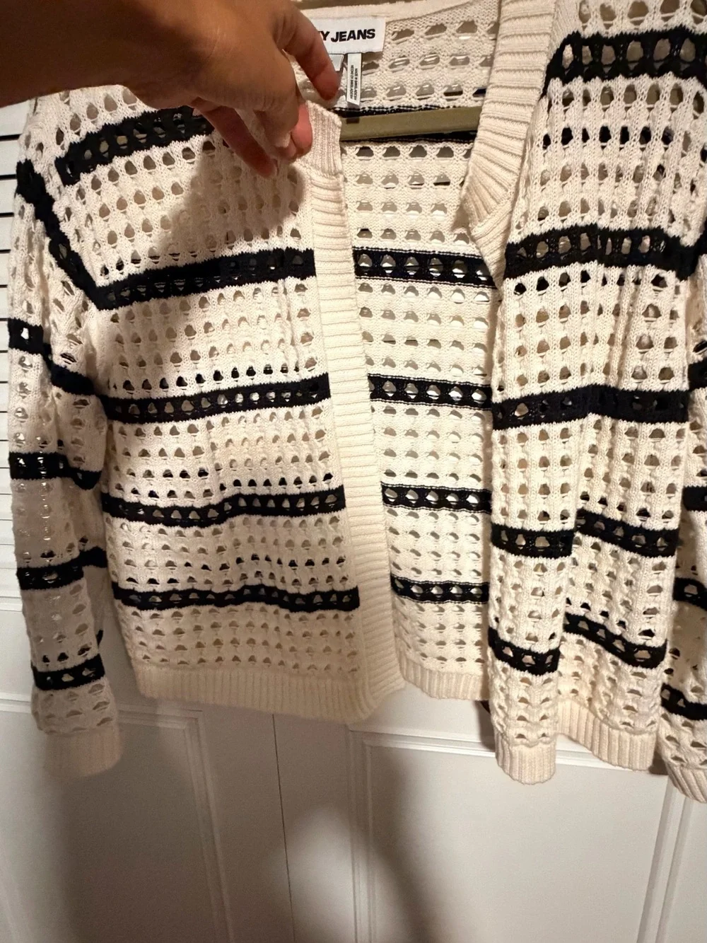 DKNY Striped Openwork Cardigan - Eggnog & Black